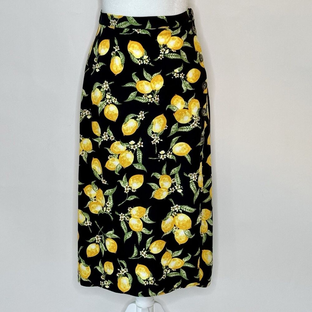 DIVIDED by H&M - Midi Skirt Women's Size 8 - Black Yellow Lemons Design Classic